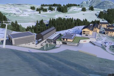 Die Talstation der Loischkopfbahn als Visualisierung von oben erfasst mit Blick zum Bürserberg. | © Melzer & Hopfner Ingenieurgesellschaft