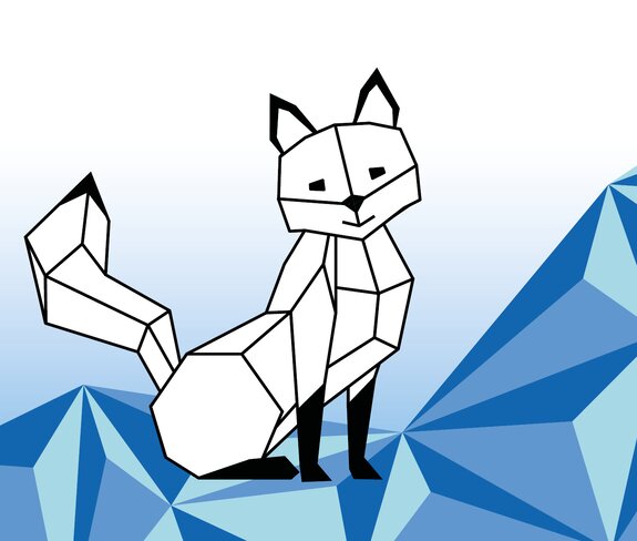 Designelement: Grafik von Brandolin, geometrischer Fuchs, mit blauen Dreiecken im Hintergrund. | © Bergbahnen Brandnertal