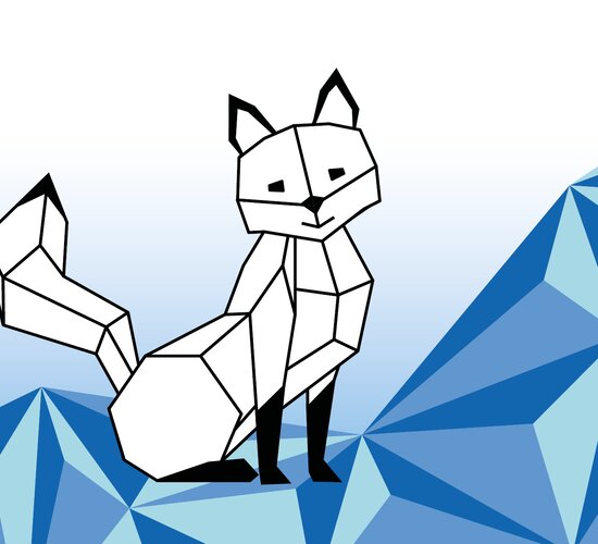 Designelement: Grafik von Brandolin, geometrischer Fuchs, mit blauen Dreiecken im Hintergrund. | © Bergbahnen Brandnertal