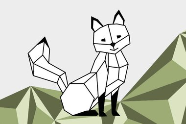Designelement: Grafik von Brandolin, geometrischer Fuchs, mit grünen Dreiecken im Hintergrund. | © Brandolin der Fuchs